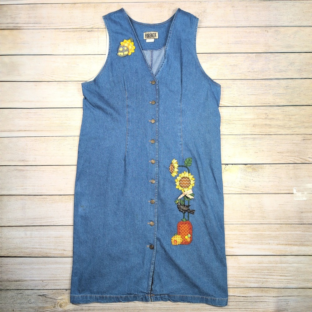 Foreza Denim Dress L /XL | Fall Sunflower Vintage‎ cottagecore grannycore w pin